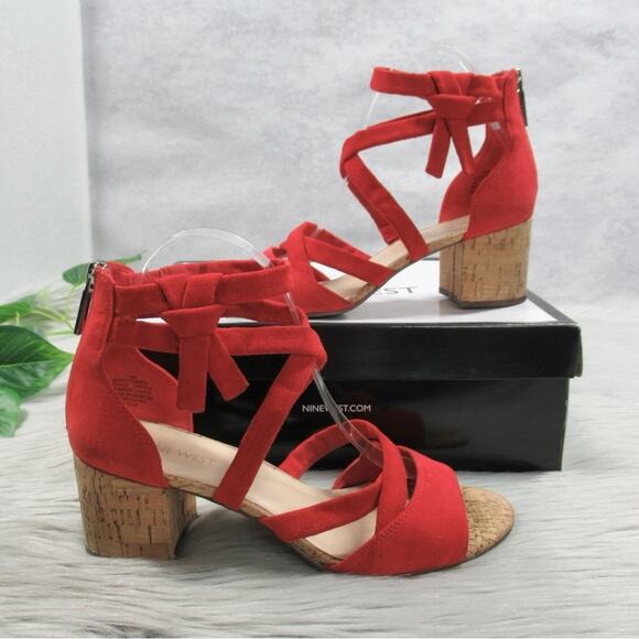 NINE WEST Give It To Me Red Suede Strappy Cork Heel Sandal Women’s Size 7.5 - Picture 14 of 15